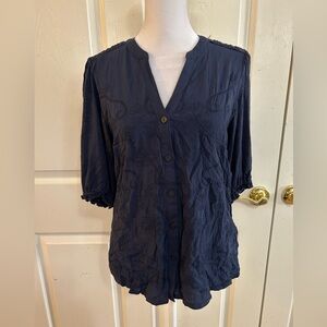 Democracy navy blue top with embroidery and lace, Small
